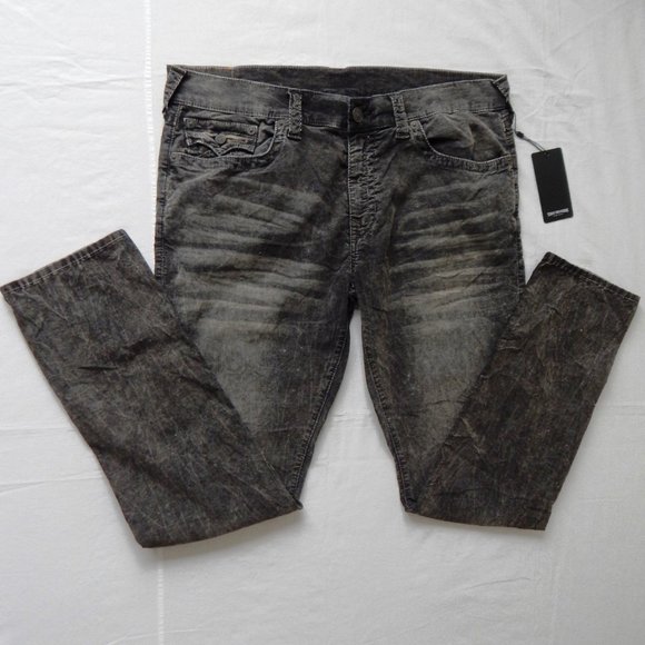 NWT Men TRUE RELIGION GENO RELAXED SLIM FLAP Acid Wash Grey Velour Jeans 38 x 33 - Picture 4 of 8